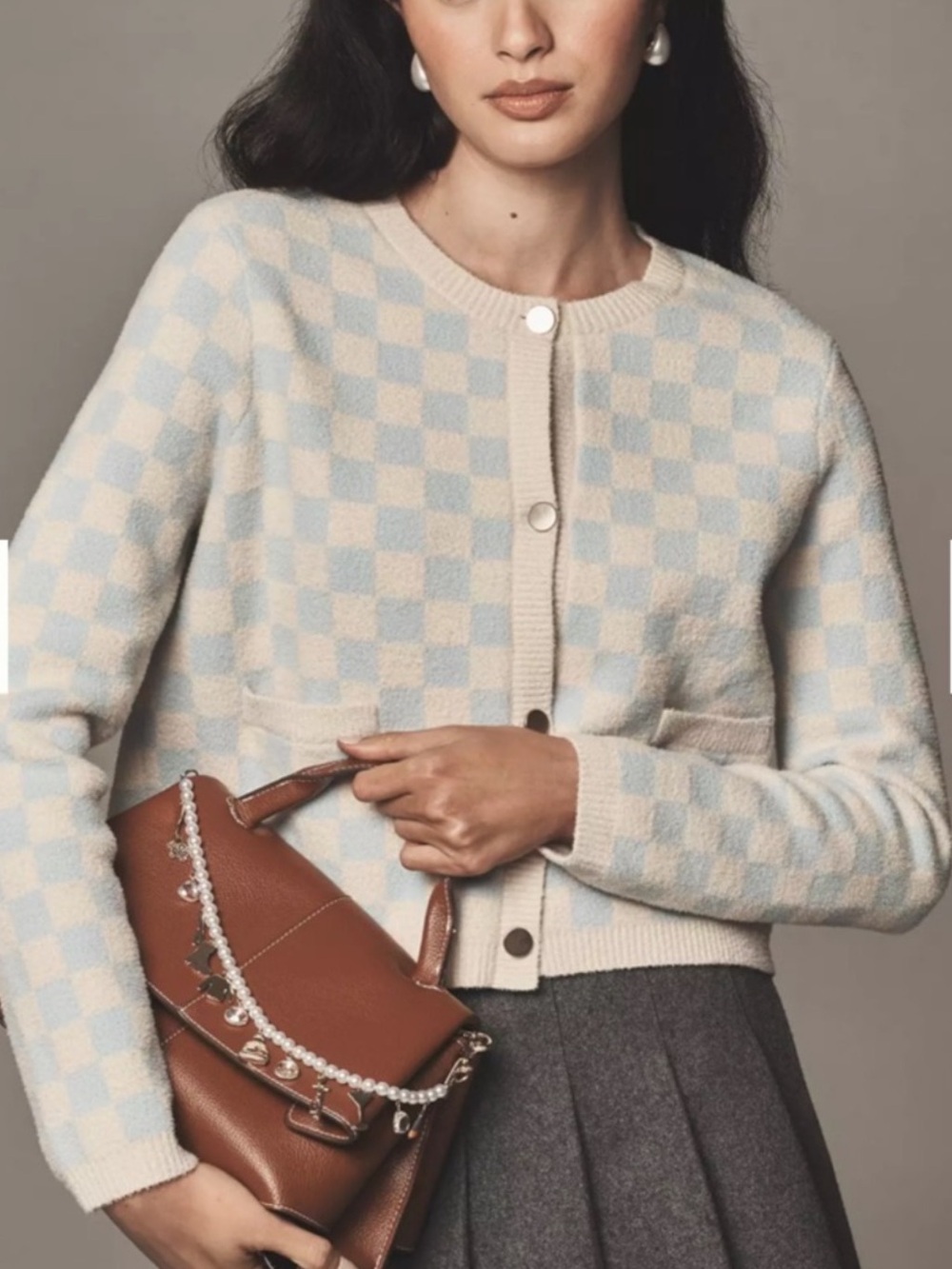 NVLT Classic Checkered Knit Cardigan Sweater Size: M